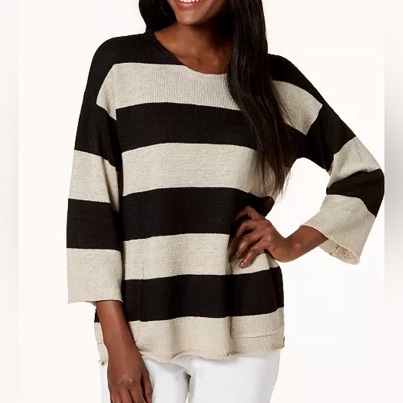 Eileen Fisher Sweaters - Eileen Fisher Black Beige Striped 100% Organic Linen Sweater Size Petite Medium